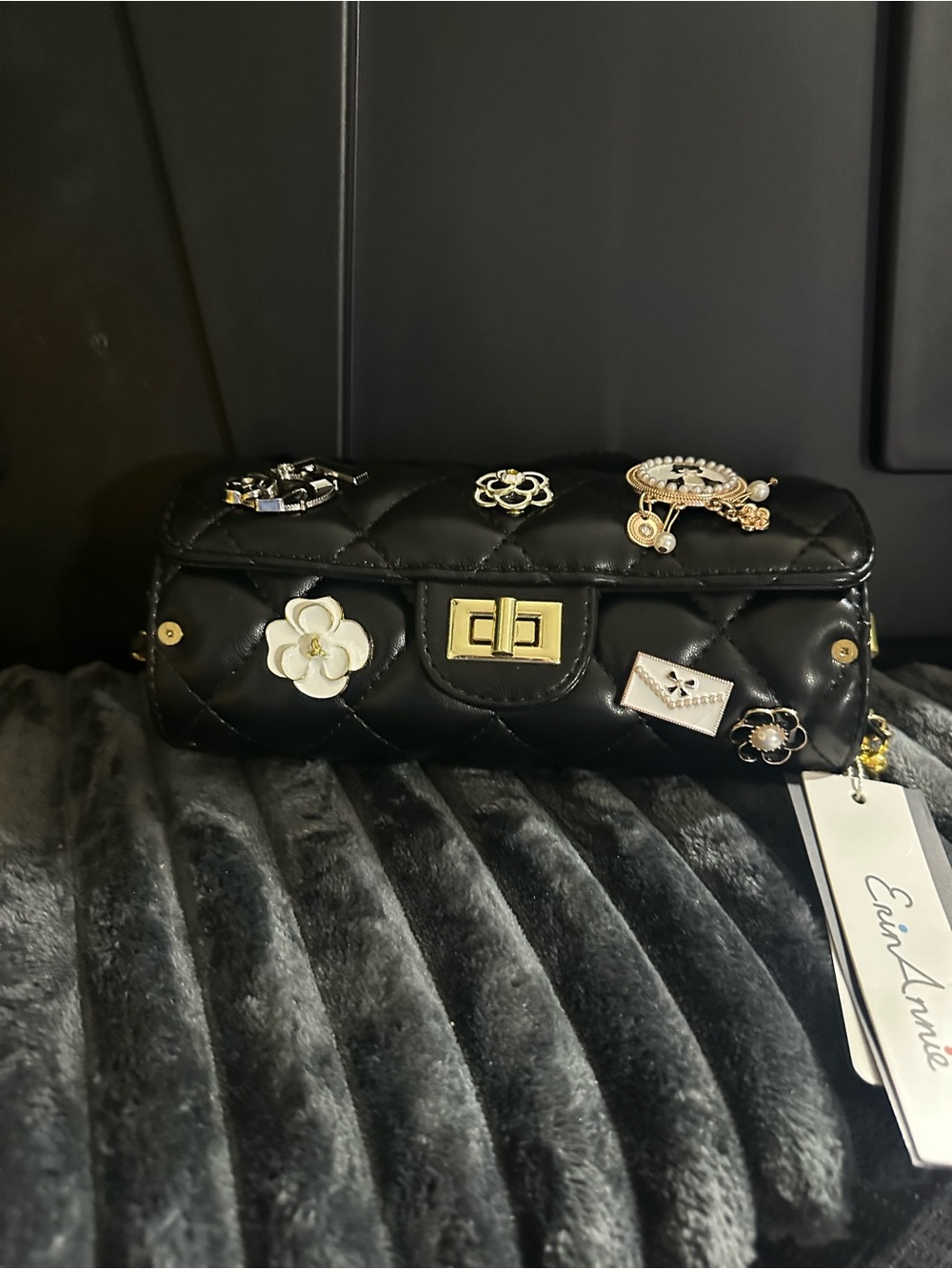 Black Quilted Decorative Charm Clutch/Crossbody